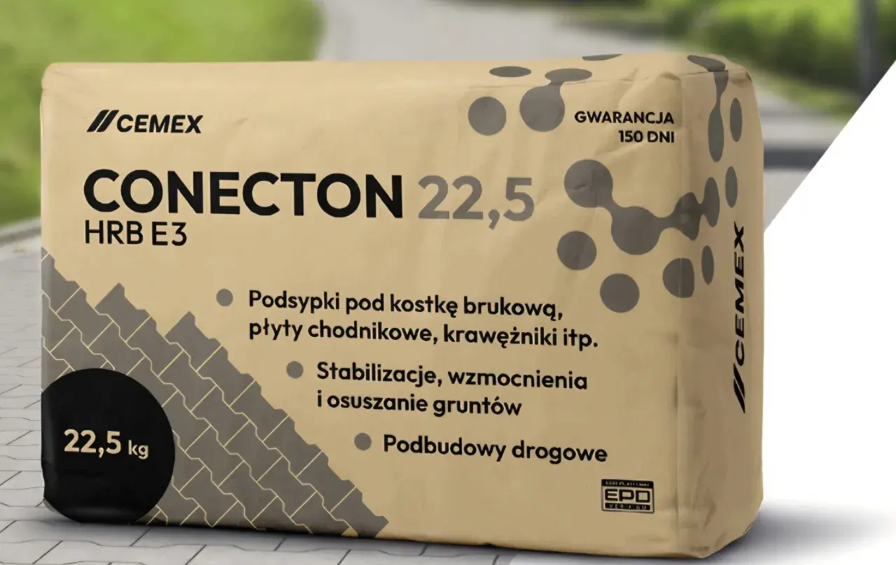 Worek cementu CONECTON 22,5 kg marki CEMEX. Idealny do podbudów drogowych, stabilizacji i podsypek pod kostkę. Sprawdź, ile kosztuje worek cementu do Twojego projektu.