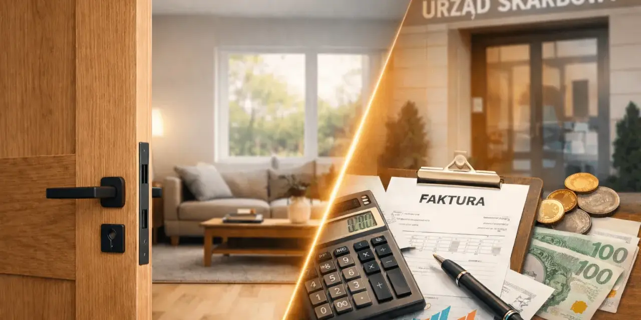 Otwarcie drzwi do salonu i stos faktur z pieniędzmi przed urzędem skarbowym. Czy drzwi wewnętrzne można odliczyć od podatku?