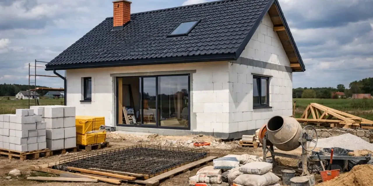 Budowa domu: bloczki, zbrojenie, cement i betoniarka na placu budowy.