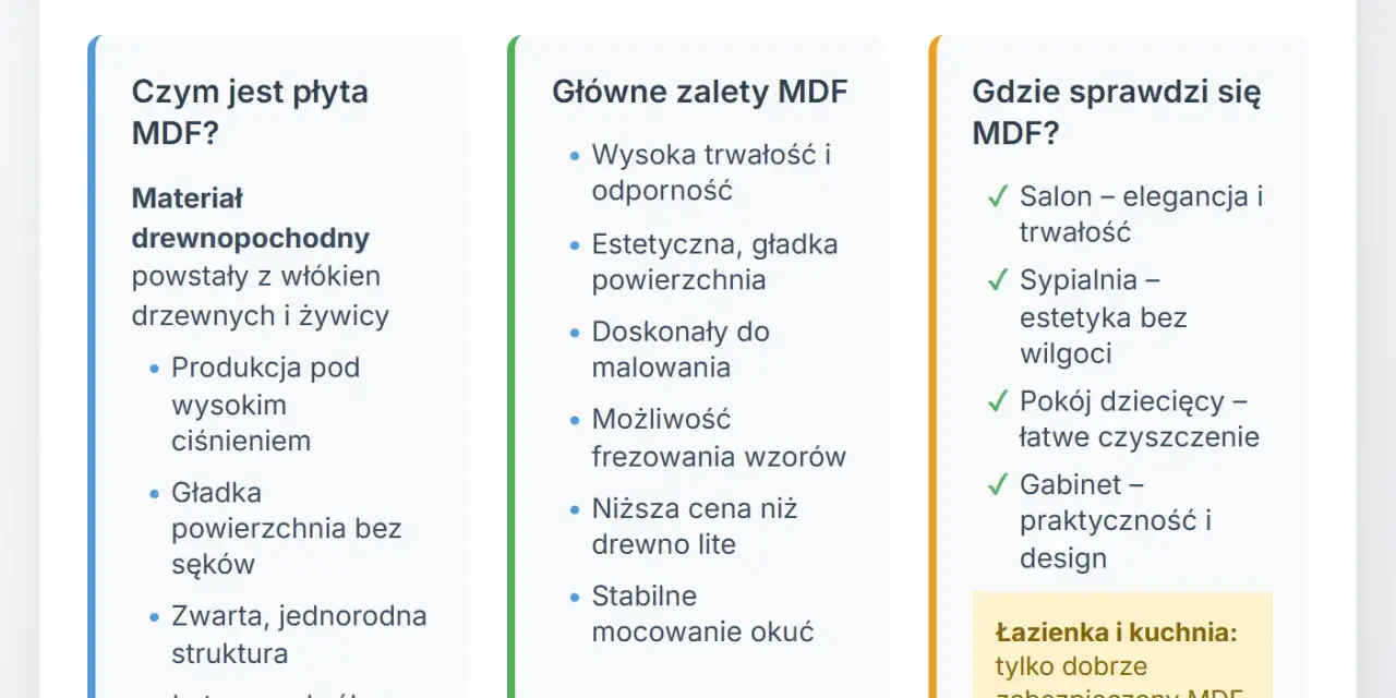 Płyta MDF to materiał drewnopochodny, idealny do mebli. Jest trwała, estetyczna i łatwa w obróbce, sprawdzi się w salonie, sypialni i pokoju dziecięcym.