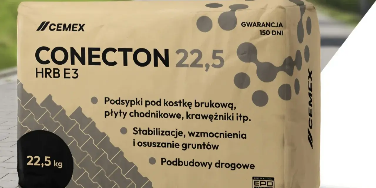 Worek cementu CONECTON 22,5 kg marki CEMEX. Idealny do podbudów drogowych, stabilizacji i podsypek pod kostkę. Sprawdź, ile kosztuje worek cementu do Twojego projektu.