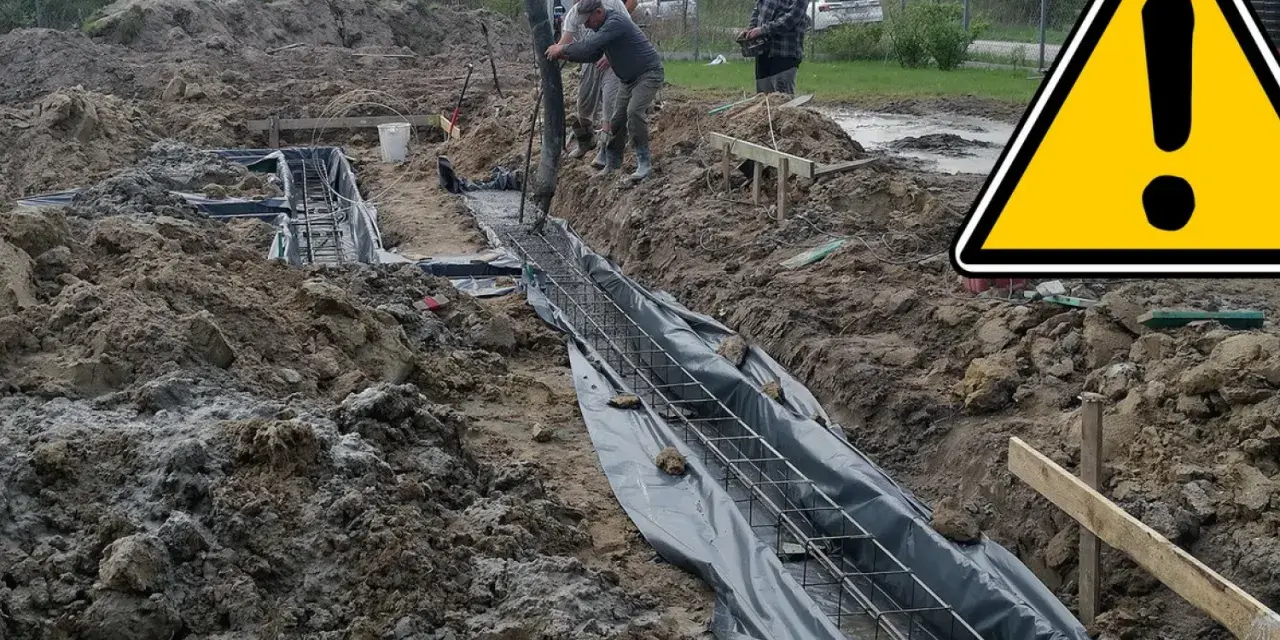 Budowa fundamentów: wylewanie betonu do szalunku zbrojeniowego. To jest ława fundamentowa, która przeniesie obciążenia na grunt.
