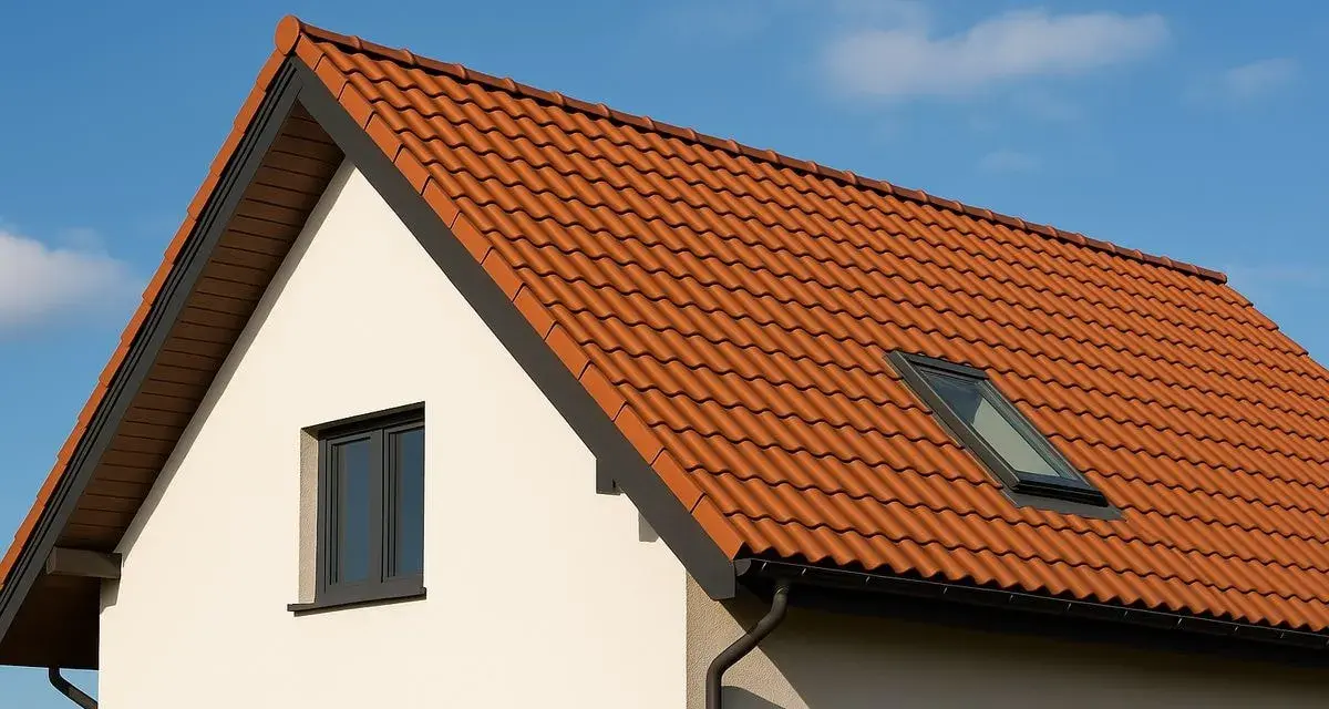 Ceglasty dach dwuspadowy z dachówką ceramiczną i oknem połaciowym. Kąt nachylenia dachu jest umiarkowany, idealny do odprowadzania wody.