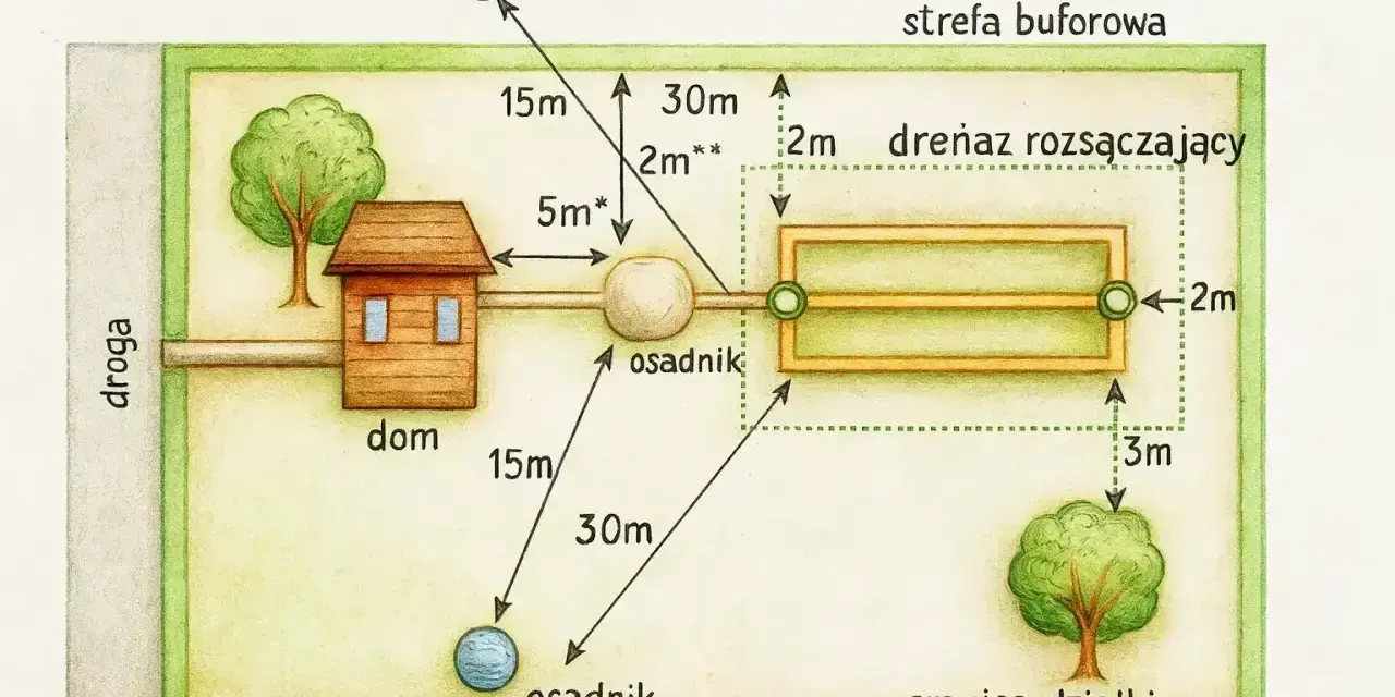 Schemat działki z domem, studnią i osadnikiem. Pokazuje odległość drenażu od fundamentu i innych elementów.