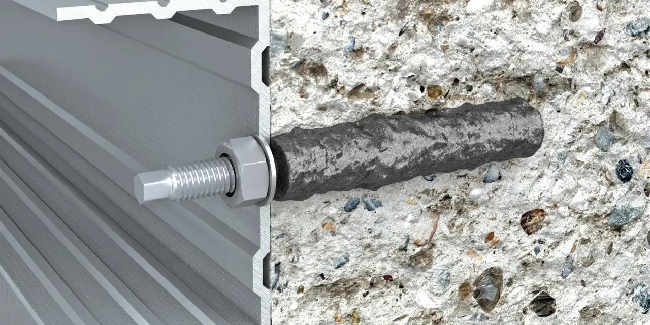 Przekrój kotwy z regulacją w betonie i profilu aluminiowym.
