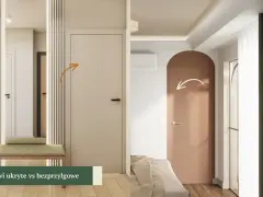 Dwie aranżacje wnętrz: po lewej dyskretne drzwi ukryte w ścianie, po prawej drzwi z łukowym portalem.