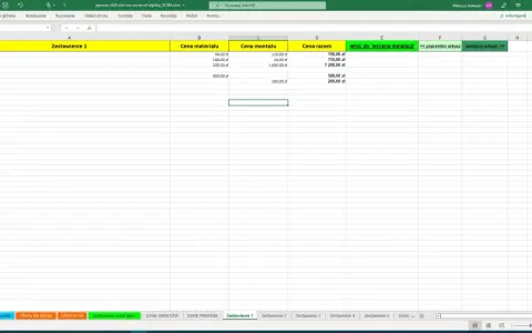 Arkusz Excel z nagłówkami: "Zestawienie 1", "Cena materiału", "Cena montażu", "Cena razem". To prosty wzór kosztorysu budowlanego.