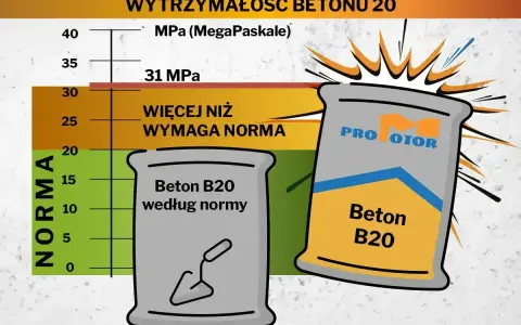 Wykres porównujący wytrzymałość betonu B20 z normą. Jeden worek betonu B20 według normy, drugi z napisem "PRO MOTOR" ma wyższą wytrzymałość.