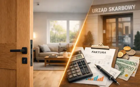 Otwarcie drzwi do salonu i stos faktur z pieniędzmi przed urzędem skarbowym. Czy drzwi wewnętrzne można odliczyć od podatku?
