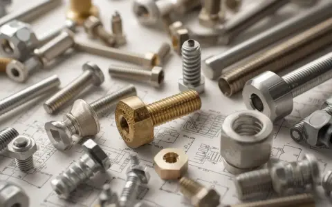 Zbiór śrubek i nakrętek, zarówno metalowych, jak i mosiężnych, leżących na papierze z rysunkami technicznymi.