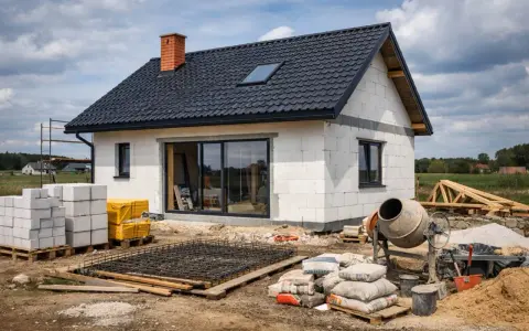 Budowa domu: bloczki, zbrojenie, cement i betoniarka na placu budowy.