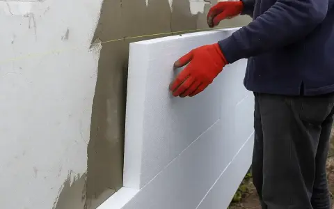 Pracownik w czerwonych rękawicach montuje styropian na ścianie. Zastanawiasz się, ile kosztuje ocieplenie domu 200m2?