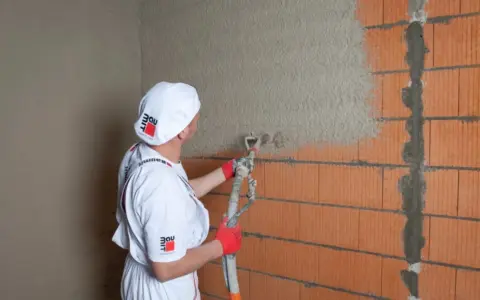 Pracownik nakłada tynk maszynowy na ścianę z cegły. Sprawdź atrakcyjną tynki maszynowe cenę!