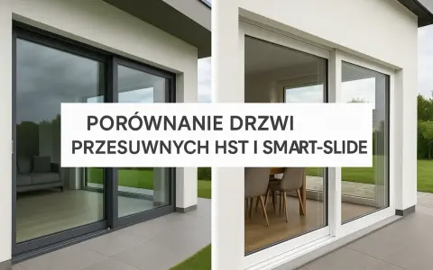 Porównanie drzwi przesuwnych HST i Smart-Slide. Dwa nowoczesne domy z dużymi przeszkleniami, ukazujące różne modele okien.