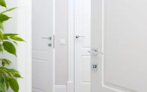 Nowoczesne, chromowane klamki do białych drzwi, idealnie komponujące się z minimalistycznym wnętrzem.