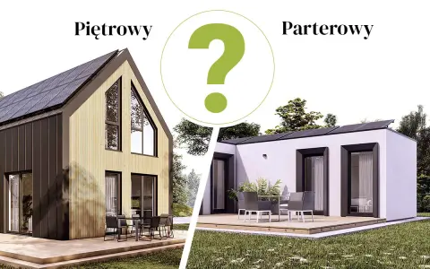 Piętrowy dom z drewnianą elewacją i panelem słonecznym kontra parterowy, nowoczesny budynek. Który wybierasz?
