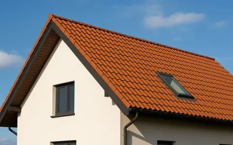 Ceglasty dach dwuspadowy z dachówką ceramiczną i oknem połaciowym. Kąt nachylenia dachu jest umiarkowany, idealny do odprowadzania wody.