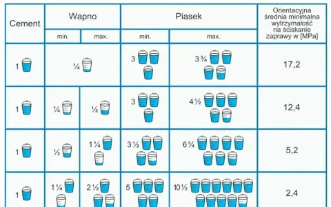 Tabela z proporcjami suchy beton na łopaty: cement, wapno, piasek i wytrzymałość zaprawy.