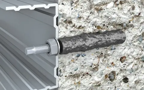 Przekrój kotwy z regulacją w betonie i profilu aluminiowym.