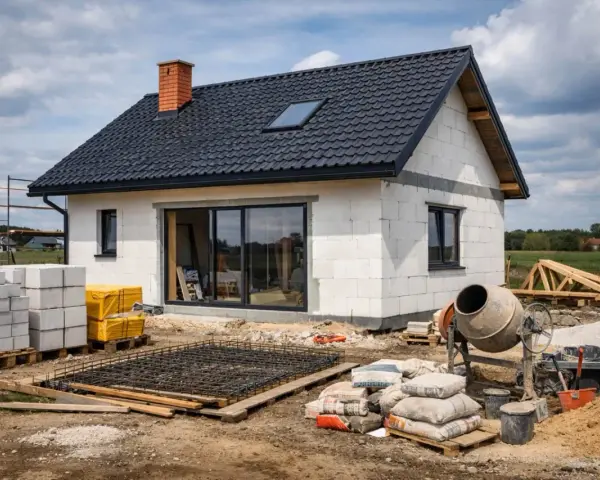 Budowa domu: bloczki, zbrojenie, cement i betoniarka na placu budowy.