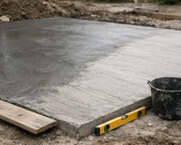 Świeżo wylany beton na placu budowy. Poziomica i wiadro obok. Czas wiązania betonu B25 zależy od warunków.