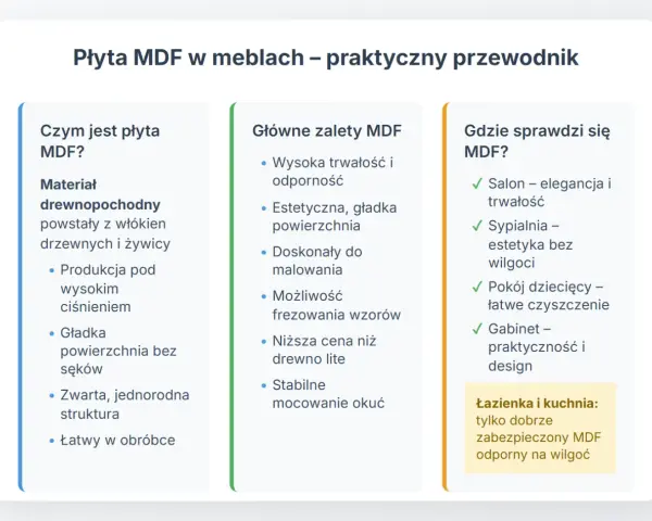 Płyta MDF to materiał drewnopochodny, idealny do mebli. Jest trwała, estetyczna i łatwa w obróbce, sprawdzi się w salonie, sypialni i pokoju dziecięcym.