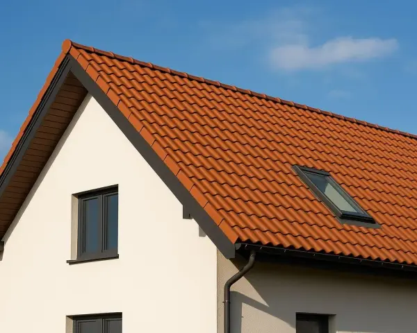Ceglasty dach dwuspadowy z dachówką ceramiczną i oknem połaciowym. Kąt nachylenia dachu jest umiarkowany, idealny do odprowadzania wody.