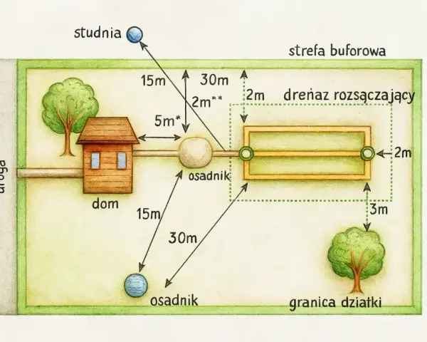 Schemat działki z domem, studnią i osadnikiem. Pokazuje odległość drenażu od fundamentu i innych elementów.