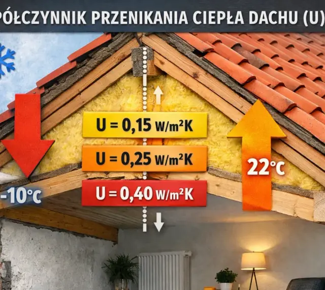 Ilustracja pokazuje przekrój dachu z różnymi wartościami współczynnika przenikania ciepła (U). Zimą zimno (-10°C) na zewnątrz, latem ciepło (22°C) wewnątrz.