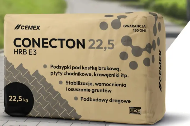 Worek cementu CONECTON 22,5 kg marki CEMEX. Idealny do podbudów drogowych, stabilizacji i podsypek pod kostkę. Sprawdź, ile kosztuje worek cementu do Twojego projektu.