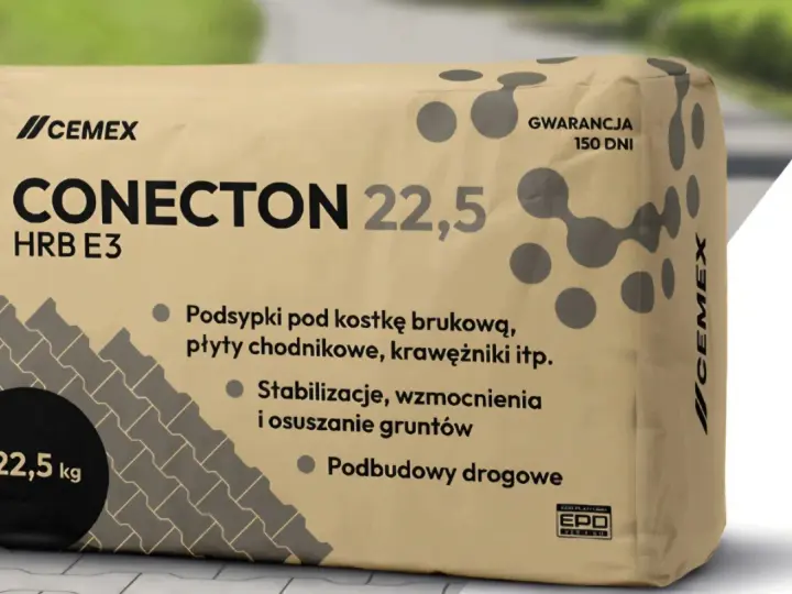 Worek cementu CONECTON 22,5 kg marki CEMEX. Idealny do podbudów drogowych, stabilizacji i podsypek pod kostkę. Sprawdź, ile kosztuje worek cementu do Twojego projektu.