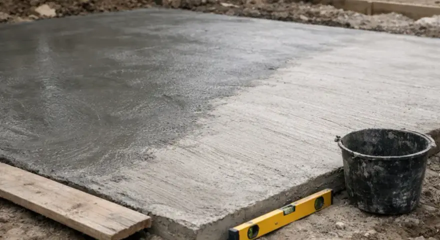 Świeżo wylany beton na placu budowy. Poziomica i wiadro obok. Czas wiązania betonu B25 zależy od warunków.