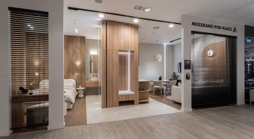Nowoczesne mieszkanie pod klucz: sypialnia, łazienka i salon z jadalnią. Drewniane akcenty i minimalistyczny design.