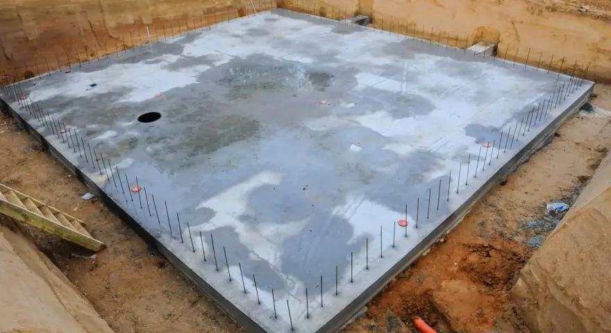 Betonowa płyta fundamentowa z zbrojeniem, gotowa do dalszych prac. Podbijanie fundamentów cena zależy od wielu czynników.