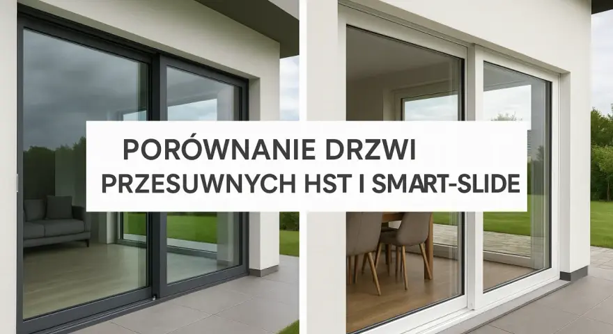 Porównanie drzwi przesuwnych HST i Smart-Slide. Dwa nowoczesne domy z dużymi przeszkleniami, ukazujące różne modele okien.