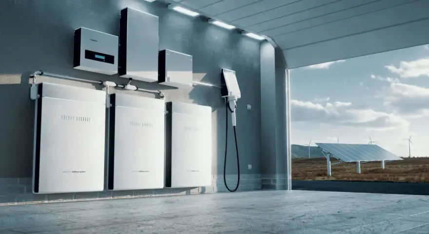 Nowoczesny magazyn energii do domu: panele słoneczne, turbiny wiatrowe i systemy akumulatorów litowo-jonowych zapewniające zrównoważone zasilanie.