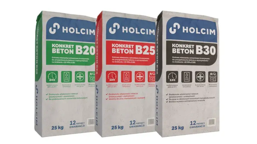 różne worki betonu, klasy betonu B20 B25