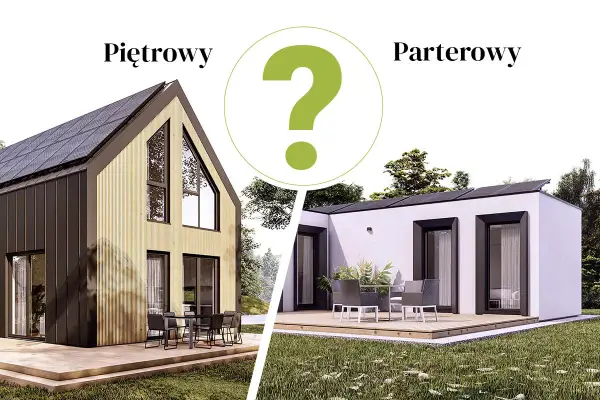 Piętrowy dom z drewnianą elewacją i panelem słonecznym kontra parterowy, nowoczesny budynek. Który wybierasz?